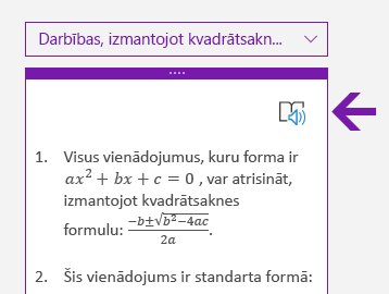 Tīrskata lasītāja ikona programmas OneNote darbam ar Windows 10 matemātisko izteiksmju rūtī