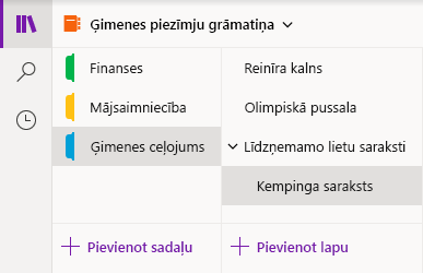 Navigācijas interfeiss programmā OneNote darbam ar Windows 10