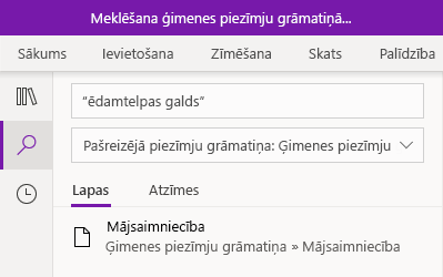 Teksta frāzes meklēšana programmā OneNote darbam ar Windows 10