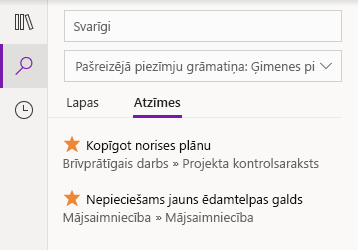 Atzīmju meklēšanas rezultāti programmā OneNote darbam ar Windows 10