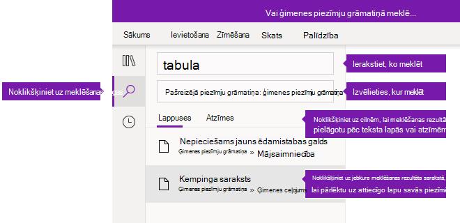 Meklēšanas rūts opcijas programmā OneNote darbam ar Windows 10