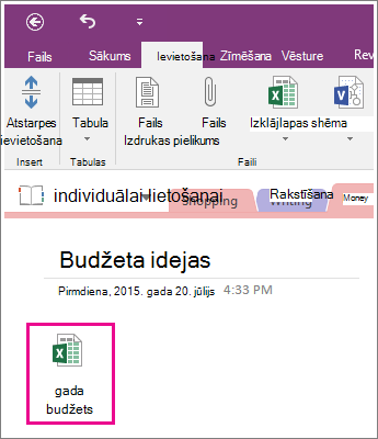 Ekrānuzņēmums, kurā parādīta pievienota izklājlapa programmā OneNote 2016.