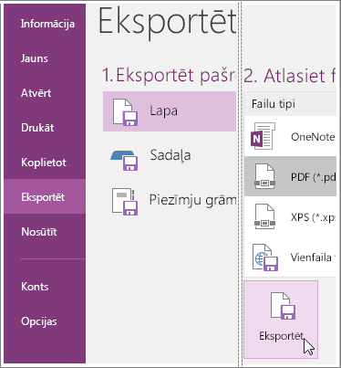 Ekrānuzņēmums, kurā parādīts, kā eksportēt piezīmju lapu programmā OneNote 2016.