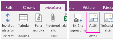 Ekrānuzņēmums, kurā redzama poga Ievietot attēlus programmā OneNote 2016.