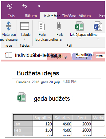 Ekrānuzņēmums, kurā parādīta iegulta izklājlapa programmā OneNote 2016.
