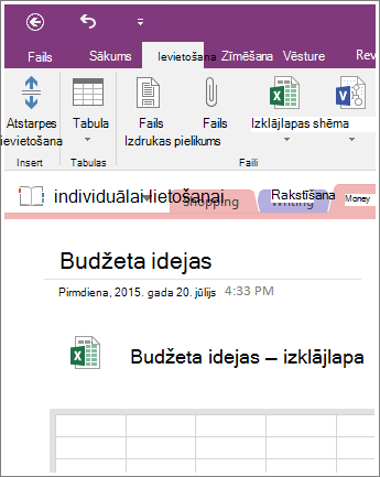 Ekrānuzņēmums, kurā parādīta jauna izklājlapa programmā OneNote 2016.