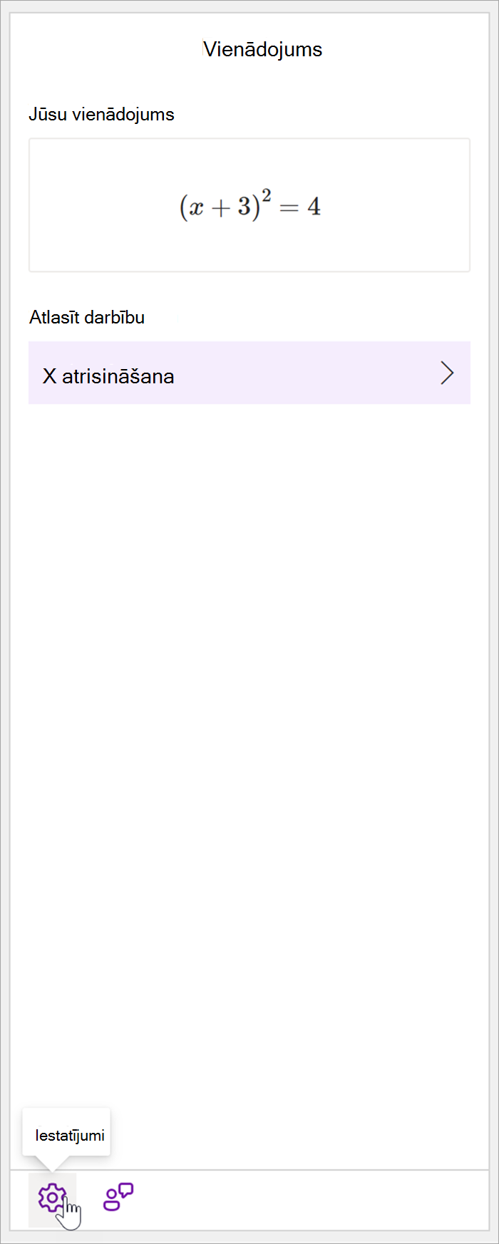 Ekrānuzņēmums ar OneNote datora matemātisko vienādojumu (x+3)^2=4. Sadaļā Darbības atlasīšana ir pieejama vienīgā pieejamā darbība Atrisināt priekš x.