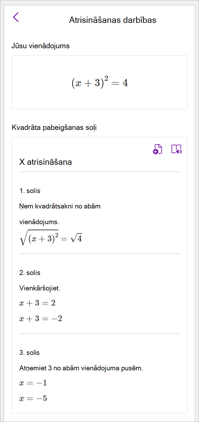 Ekrānuzņēmums, kurā redzama matemātisko izteiksmju rūts OneNote datora versijā. Ir parādītas atrisināšanas darbības, lai izmantotu kvadrāta metodi x atrisināšanai.