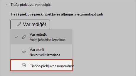 OneNote ekrānuzņēmums, kurā parādīts, kā noņemt tiešās koplietošanas piekļuvi