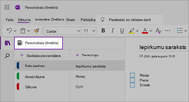 OneNote tīmekļa lietotāja interfeisa skats, kurā parādīts satura apgabals