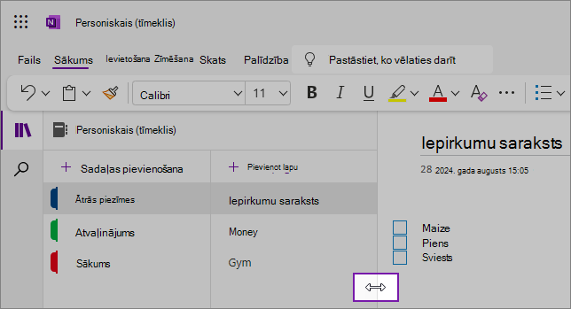Ekrānuzņēmumi, kas parāda, kā mainīt OneNote navigācijas rūts izmērus