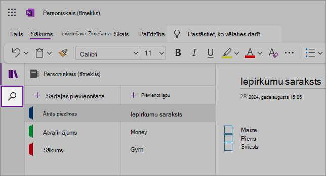 OneNote tīmekļa lietotāja interfeisa skats, kurā parādīts satura apgabals