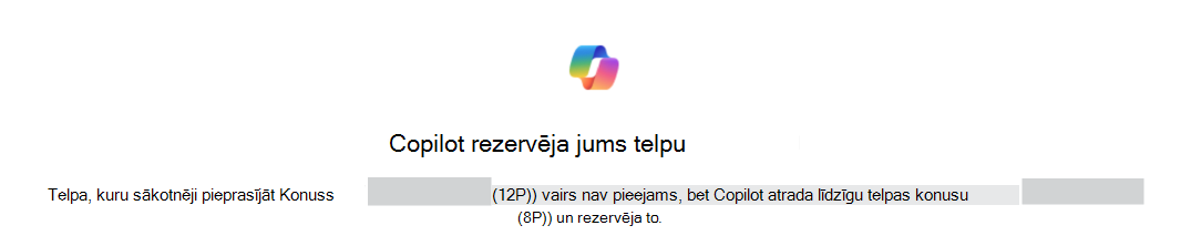 Piemērs: Copilot pārrezervēja telpu; apstiprinājums, kurā norādītas sākotnējās un aizstājējtelpas.