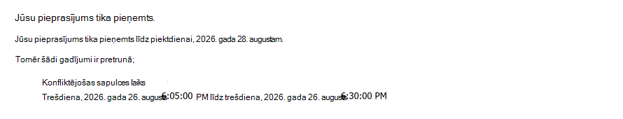 Periodiska telpas pieprasījuma piemērs, kas pieņemts, izmantojot datumu ar vienu konfliktējošu sapulci.