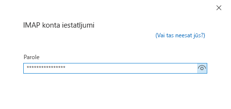 Dialoglodziņš Konta iestatīšana, paroles lapa.