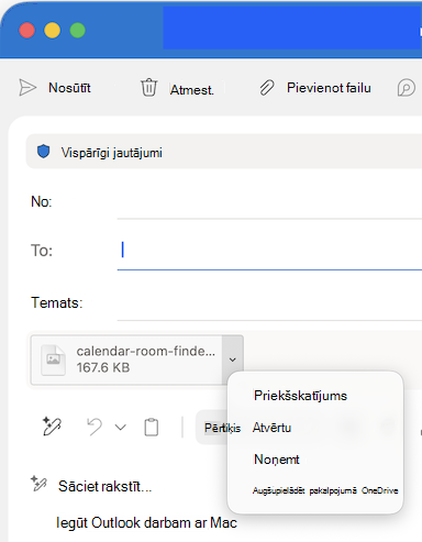 Faila pievienošanas nolaižamās opcijas programmā Outlook darbam ar Mac