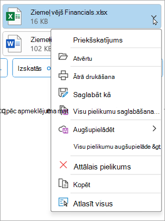 Jaunākās Outlook klasiskās versijas atlasiet lejupvērsto bultiņu blakus pielikumam un pēc tam atlasiet Noņemt pielikumu.