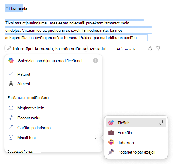 Izvēlieties paturēt, atmest, atkārtoti ģenerēt vai mainīt toņu un garuma opcijas