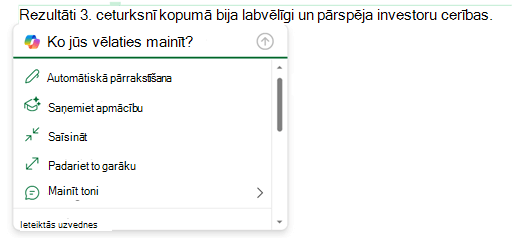 Atlasīts teksts e-pasta ziņojumā un paplašināta Copilot izvēlne, lai parādītu opcijas, ko varat darīt ar šo tekstu.