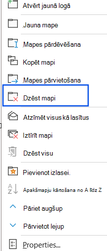Ekrānuzņēmums ar navigācijas rūtī atlasītu opciju Dzēst mapi.