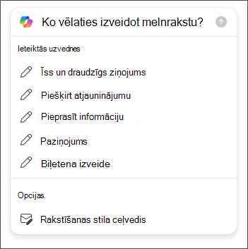 Garuma un toņu opcijas, lai izvēlētos, veidojot epasta ziņojumu melnrakstu programmā Outlook izmantojot Copilot