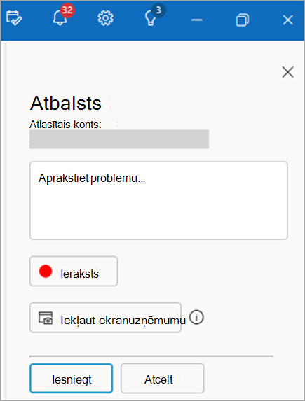 Ekrānuzņēmums ar rūti Sazināties ar atbalsta dienestu, kurā redzams apgabals, kurā var sniegt problēmas aprakstu