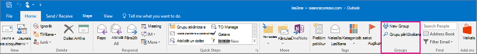Grupu opcija Outlook galvenajā lentē
