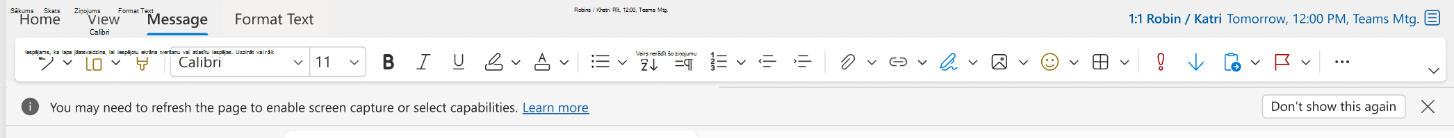 Outlook tīmeklim informācijas josla, ja nav ekrāna tveršanas iespējas