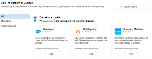 Pievienojumprogrammu izvēlne programmā Outlook darbam ar Mac.