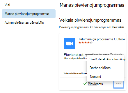 Izvēlne Manas pievienojumprogrammas programmā Outlook darbam ar Mac.