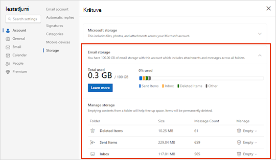 Krātuves izvēlne Outlook.com.