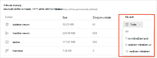 Outlook.com krātuves iestatījumi.