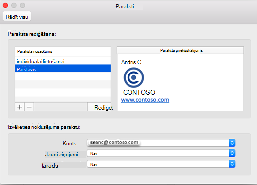 Outlook preferenču lapa Paraksti
