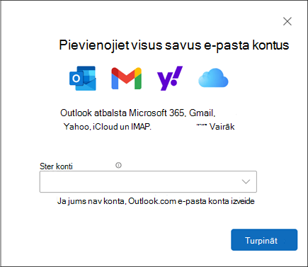 Dialoglodziņš Konta pievienošana jaunajā programmā Outlook darbam ar Windows