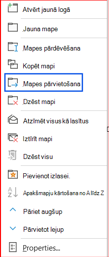 Ekrānuzņēmums ar navigācijas rūtī atlasītu opciju Pārvietot mapi.