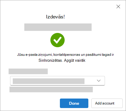 Ekrānuzņēmums, kurā redzams panākumu logs, pievienojot Google kontu