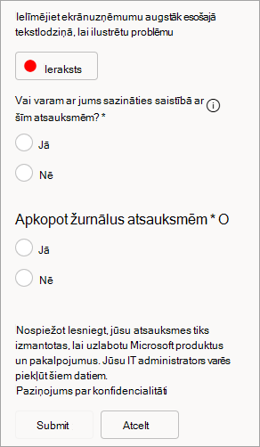 Ekrānuzņēmums, kurā redzama opcija atļaut kontaktpersonu un sūtīt žurnālus, iesniedzot atsauksmes.