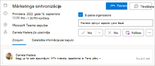 Ekrānuzņēmums, kurā redzama opcija Sekot sapulcei