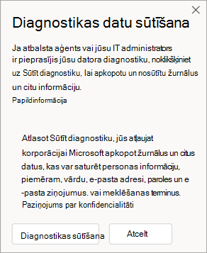 Ekrānuzņēmums, kurā redzams, kā nosūtīt diagnostikas datus, runājot ar aģentu