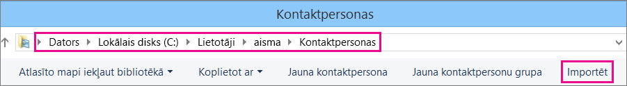 Naviģējiet uz mapi Kontaktpersonas, pēc tam izvēlieties Importēt.