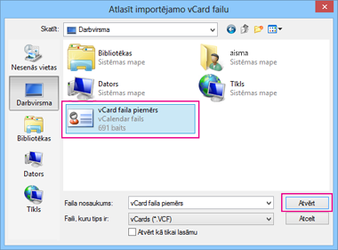 Izvēlieties vCard failu, ko vēlaties importēt .csv failā.