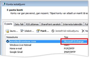 Exchange konta piemērs dialoglodziņā Konta iestatījumi