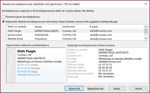 Izvēlieties, ko darīt ar kontaktpersonu dublikātiem.