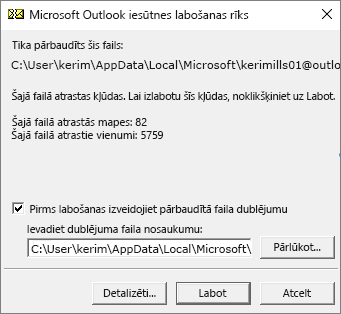Rāda rezultātus par skenētu Outlook .pst datu failu, izmantojot Microsoft iesūtnes labošanas rīku, SCANPST.EXE
