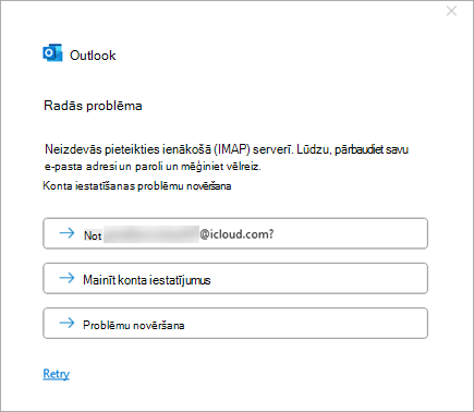 Kļūdas ziņojuma Radusies problēma, pievienojot iCloud kontu, ekrānuzņēmums