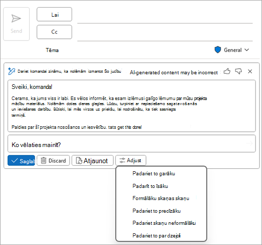 Rāda Outlook klasiskā pasta lapu ar Copilot melnrakstu un redzamām pielāgošanas opcijām.