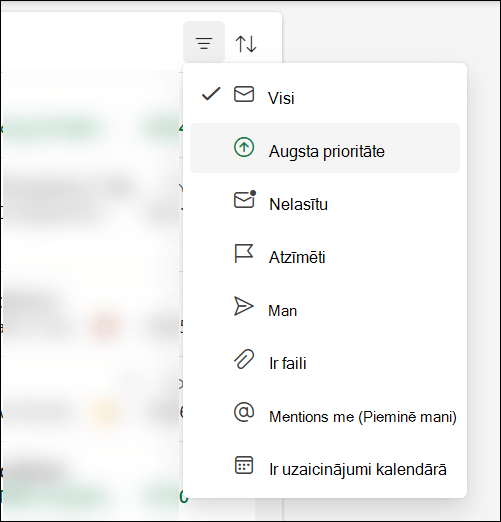 Ziņojumu filtra izvēlne programmā Outlook, kurā redzams, ka ir opcija Augsta prioritāte.