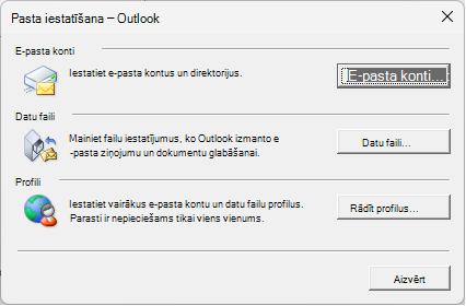 Pasta iestatīšana — Outlook dialoglodziņš, kuram var piekļūt, izmantojot pasta iestatījumus vadības panelī.