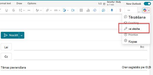 Rāda jauna Outlook pasta lapu ar lodziņu ap Outlook ikonu. Šī ikona atrodas tieši virs tukšā e-pasta ziņojuma.
