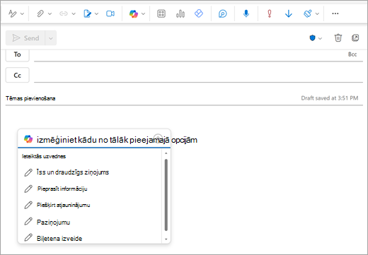 Parāda jaunu Outlook pasta lapu ar atvērtu uzvednes logu, kurā parasti sākat rakstīt e-pasta ziņojumu.